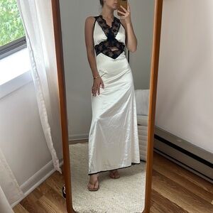 Summery white silky with black lace dress, maxi